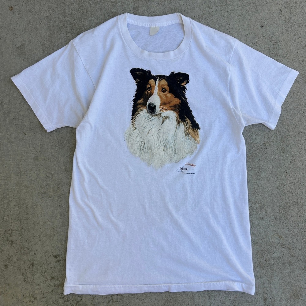 Vintage 80s Collie Dog Graphic T-Shirt White Single Stitch Jim Killen Animal Tee